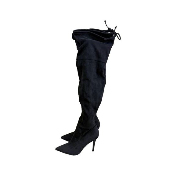 Aldo Black Faux Suede Thigh High Stiletto Boots Women's 9 Side Zip Pointy Toe - Picture 2 of 10